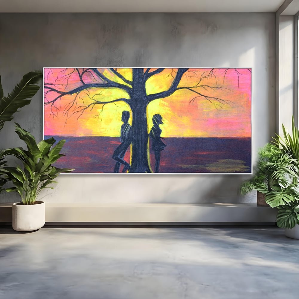 Tablou canvas cu pictura cuplu sub copac la apus, in rama de aluminiu argintiu
